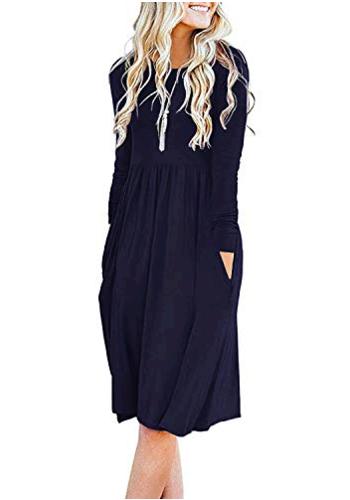 Photo 1 of DB MOON Women Casual Long Sleeve Dresses Empire Waist, Navy Blue, Size Large
