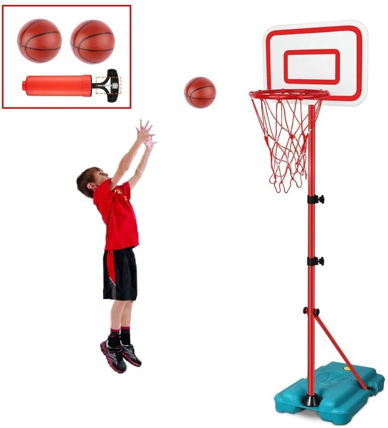 Photo 1 of E EAKSON Kids Basketball Hoop Stand Adjustable Height 2.9 ft -6.2 ft Indoor Basketball Hoop Outdoor Toys Outside Backyard Games Mini Hoop Basketball Goal Gifts for Boys Girls Youth Age 3 4 5 6 7 8
