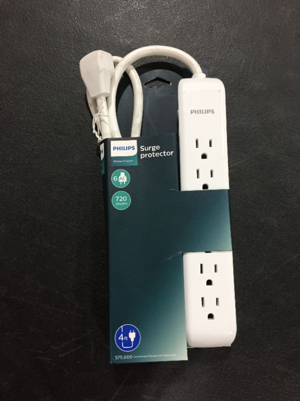 Photo 2 of Philips 6-Outlet Surge Protector with 4ft Extension Cord, White