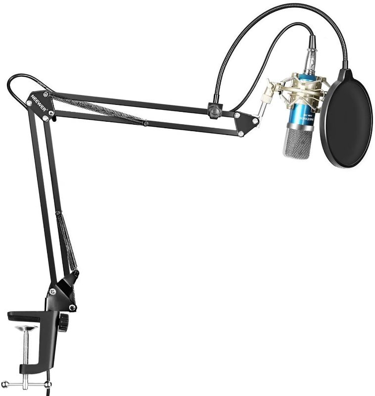 Photo 1 of Neewer Professional Studio Broadcasting Recording Condenser Microphone & NW-35 Adjustable Recording Microphone Suspension Scissor Arm Stand with Shock Mount and Mounting Clamp Kit, Blue