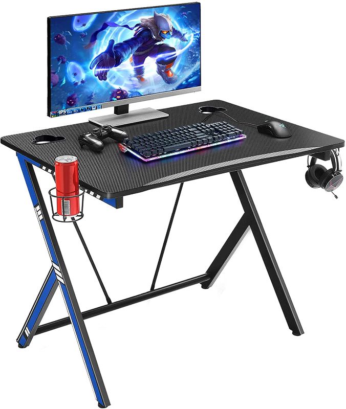 Photo 1 of Mr IRONSTONE 31.5" Gaming Desk PC Computer Desk Home Office Student Table for Small Space with Cup Holder, Headphone Holder & Cable Management Holes (Blue)