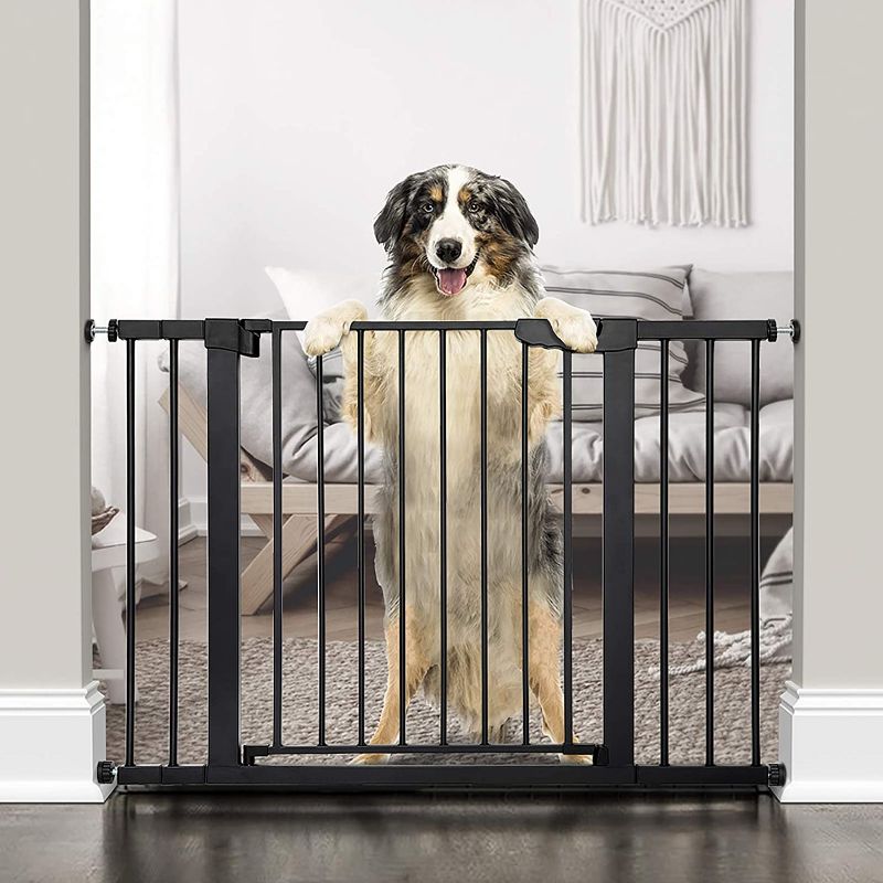 Photo 1 of Cumbor 46”Auto Close Safety Baby Gate, Extra Tall and Wide Child Gate, Easy Walk Thru Durability Dog Gate for The House, Stairs, Doorways. Includes 4 Wall Cups, 2.75-Inch and 8.25-Inch Extension
