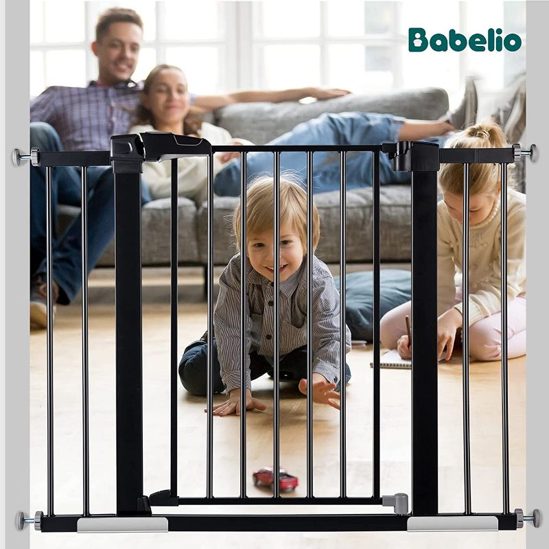 Photo 1 of BABELIO 26-40 Inch Easy Install Extra Wide Pressure Mounted Metal Baby Gate, No Drilling, No Tools Required, with Wall Protectors and Extenders (Black)
