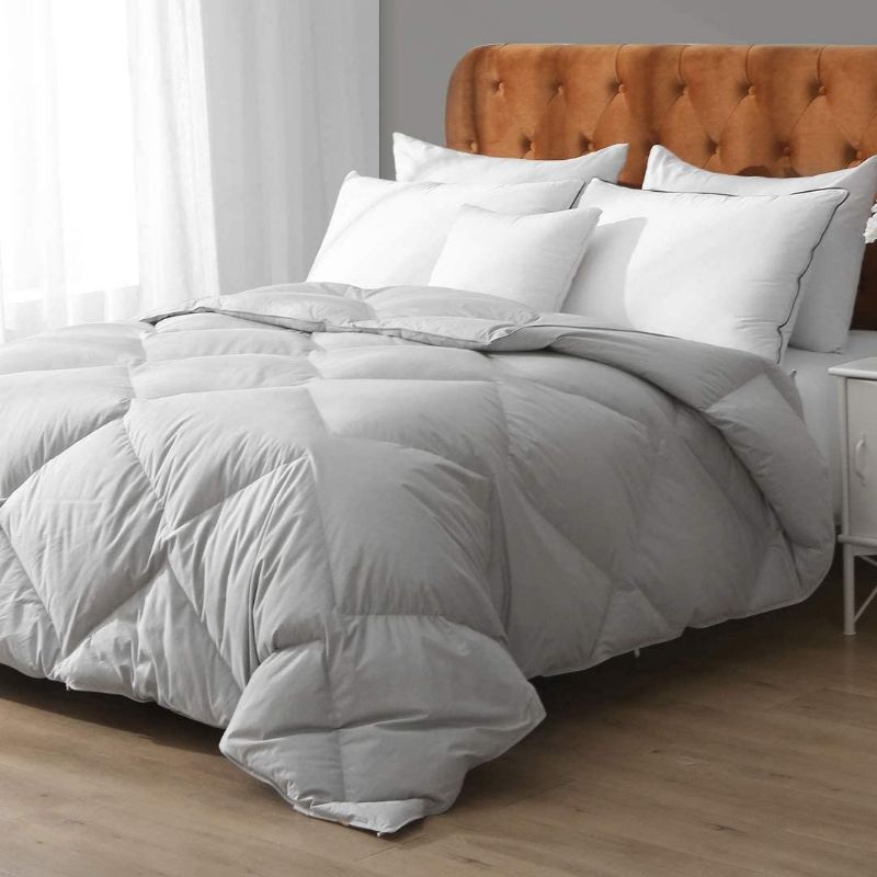 Photo 1 of APSMILE Gray Goose Feather Down Comforter Queen, All Seasons Down Duvet Insert - 100% Organic Cotton, 52oz Medium Warm Geometric Grid Quilted for Full/Queen Bedding(90x90, Cloud Grey), 