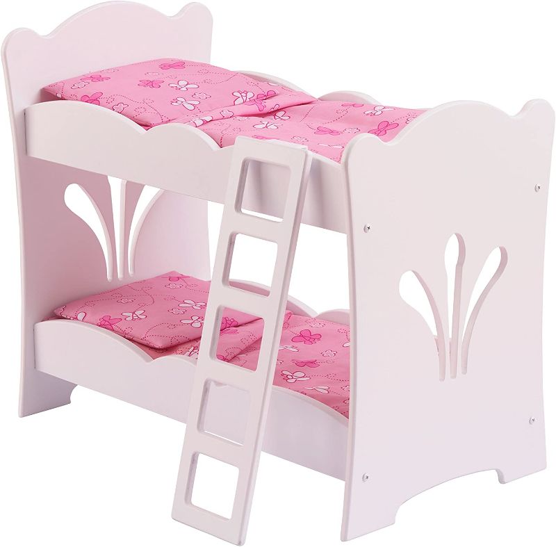 Photo 2 of KidKraft KidKraft Wooden Lil' Doll Bunk Bed with Pink Butterfly Bedding Set, Furniture for 18-Inch Dolls - White, Gift for Ages 3+, No Sign of Damage or Missing Pieces