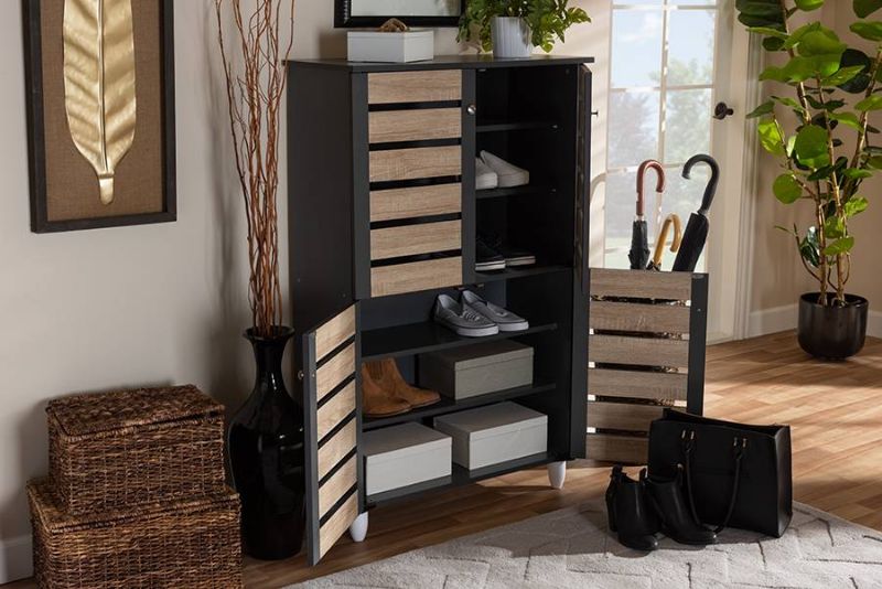 Photo 1 of Baxton Studio Gisela Modern TwoTone Oak  Dark Gray 4Door Shoe Storage Cabinet  SC865514MSonama OakDark GreyShoe Cabinet BOX 1 OF 2 ONLY MISSING OTHER BOX IN SET