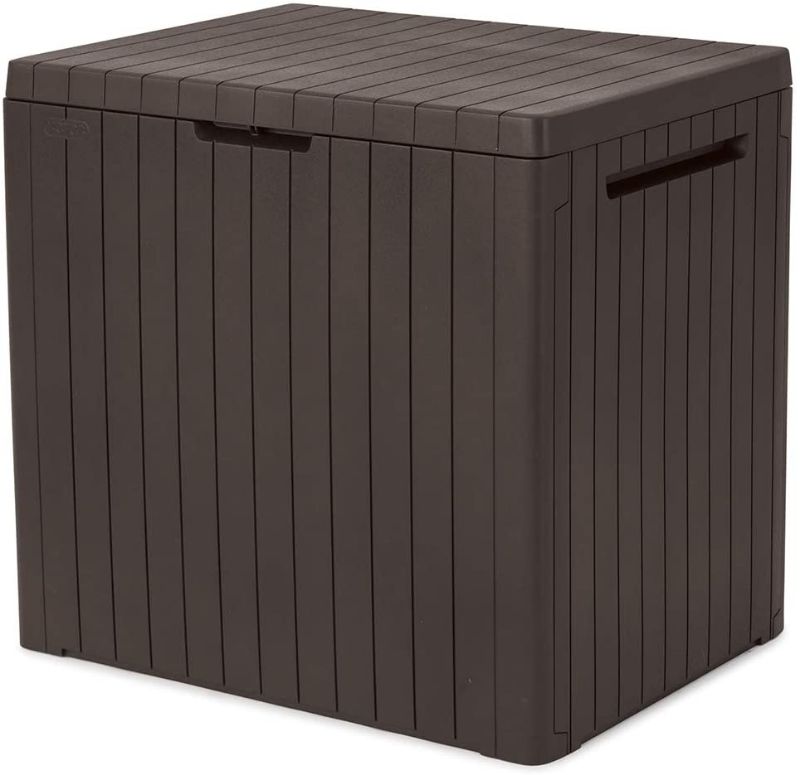 Photo 1 of Keter City 30 Gallon Resin Deck Box for Patio Furniture, Pool Accessories, and Storage for Outdoor Toys, Brown - Broken Piece