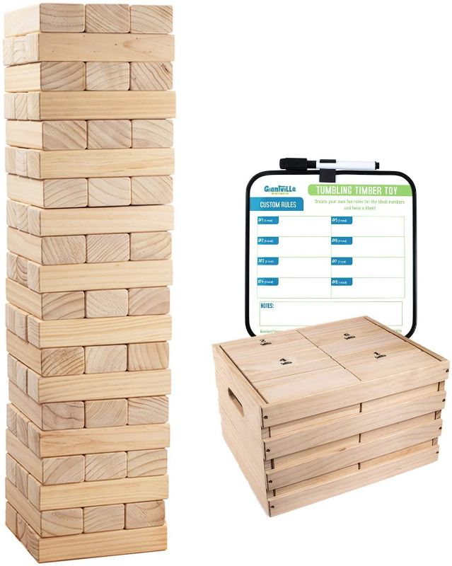 Photo 1 of Giant Tumbling Timber Toy - 60 Extra Jumbo Wooden Blocks Floor Game for Kids and Adults, w/ Storage Crate/Game Table-No Assembly Required - Premium Pine Wood, Life Size- Grows to Over 6-feet, Good Condition