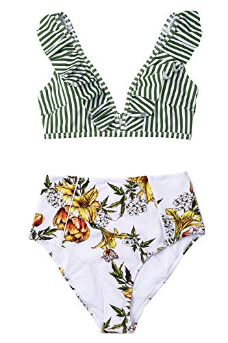 Photo 1 of CUPSHE Womens High Waist Bikini Swimsuit Ruffle Floral Print Two Piece Bathing Suit MEDIUM, CLEAN, NEW