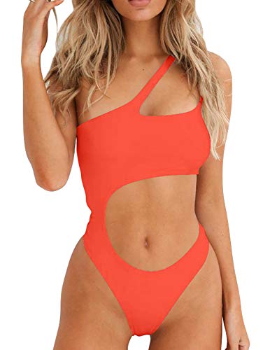 Photo 1 of BEAGIMEG Womens Sexy One Shoulder Bathing Suit Cut Out One Piece Swimsuit ORANGE SMALL