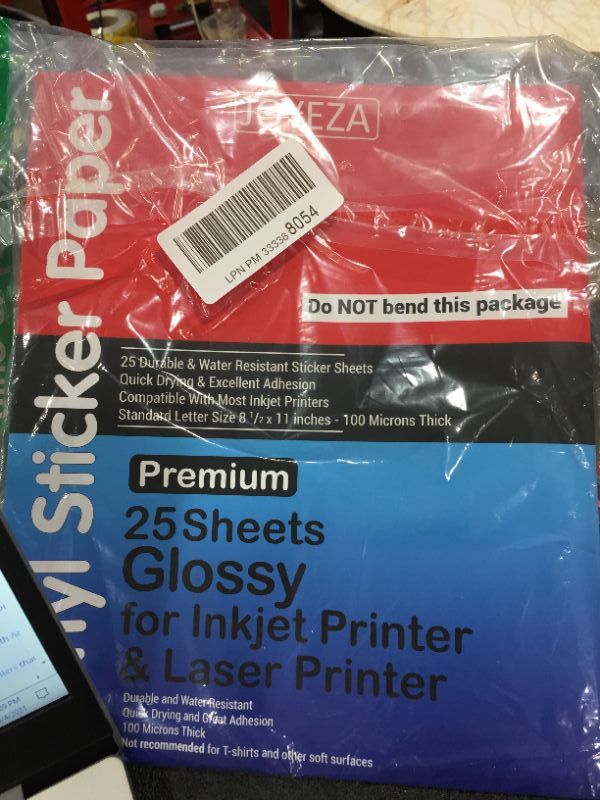 Photo 2 of JOYEZA Premium Printable Vinyl Sticker Paper for Inkjet Printer  20 Sheets Glossy White Waterproof