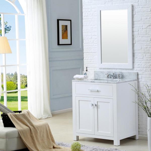 Photo 1 of Madison 30 W in. 21 L x 34 in H Vanity in Modern White with Marble Vanity Top in Carrara White, This Piece Is in Great Condition, There are 3 Minor Scratches on The Front Left Top Side, Easy Fix
