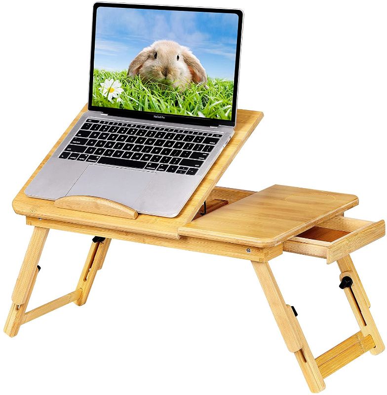 Photo 1 of Lap Desk Bed Table Breakfast Tray Bamboo Laptop Desk Stand with Adjustable Tilt Top Heat Dissipation Height Adjustable  Storage Drawer for Computer iPad Writing Reading Studying, Missing One Simple Screw