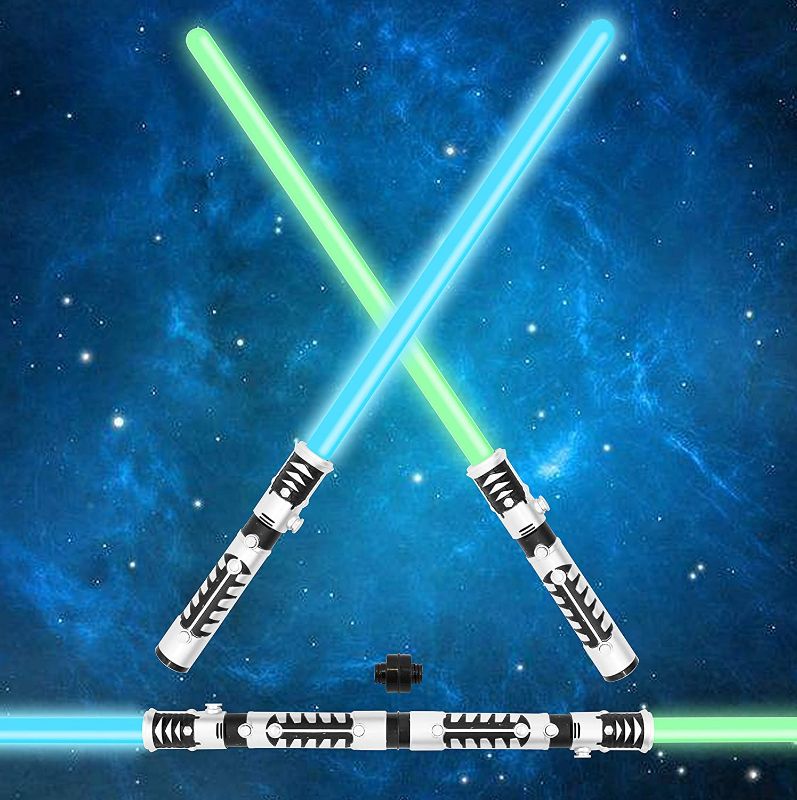 Photo 1 of JOYIN Light Up Saber 2-in-1 LED FX Dual Light Swords Set with Sound (Motion Sensitive) and Realistic Sliver Handle for Halloween Costume Accessories, Xmas Presents, Galaxy War Fighters and Warriors