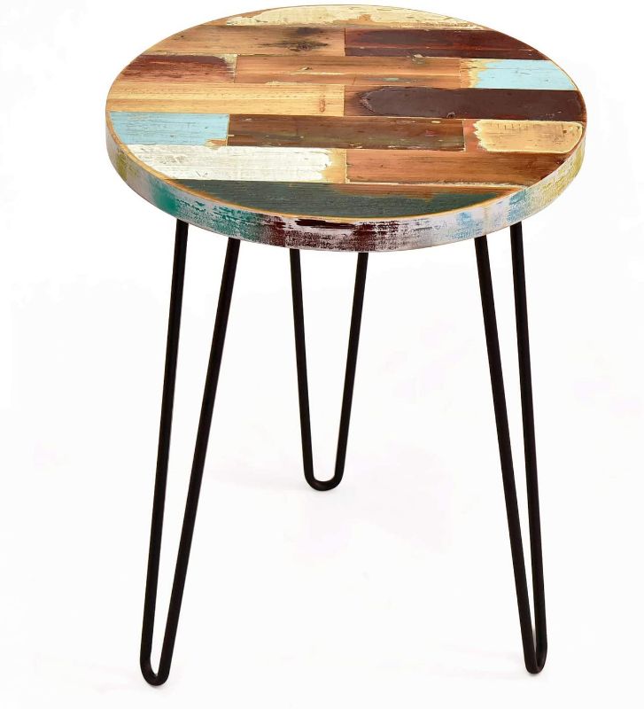 Photo 1 of WELLAND Side Table Reclaimed Wood, Round Hairpin Leg End Table, Night Stand, Recycled Boat Wood, 20" Tall