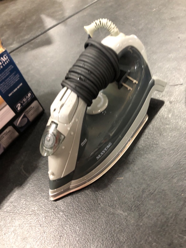 Photo 2 of Maytag Speed Heat Steam Iron & Vertical Steamer with Stainless Steel Sole Plate, Self Cleaning Function + Thermostat Dial, Grey, M200
