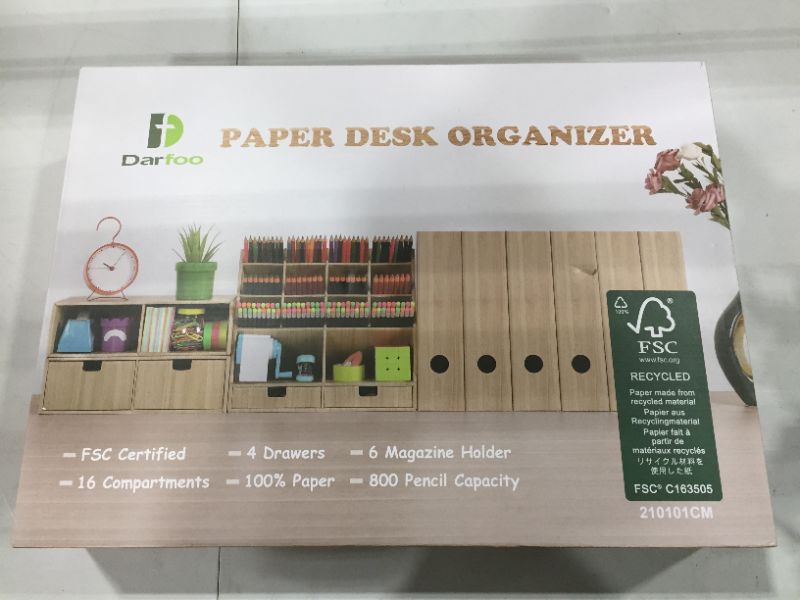 Photo 1 of White Desk Organizer with 4 Drawers, 6 Magazine File Holder Organizer and 16 Compartments - Huge Capacity stationary organizer for Home, School, Office Supplies, FSC Certified Cardboard, DIY Project
