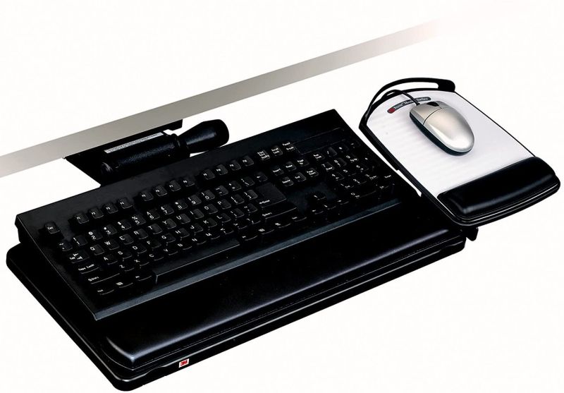 Photo 1 of 3M Keyboard Tray, Just Lift to Adjust Height and Tilt, Adjustable Tray and Mouse Platform Include Gel Wrist Rest and Precise Mouse Pad, Tray Swivels and Stores Under Desk, 23" Track, Black (AKT150LE)
