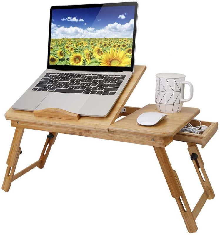 Photo 1 of Bamboo Laptop Desk, Breakfast Serving Bed Tray, Adjustable Portable Laptop Stand Table with Tilting Top Storage Drawer, Heat Dissipation Design for Bed and...
