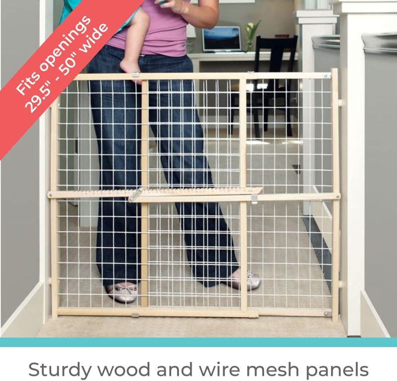 Photo 2 of 50" Wide Extra Wide Wire Mesh Baby Gate: Installs in Extra Wide Opening in Second Without damaging Wall. Pressure Mount. Fits 29.5"-50" Wide (32" Tall, Sustainable Hardwood)
