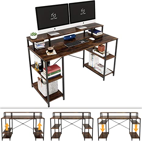 Photo 1 of Nost & Host 55 Inch Dual Monitor Desk, Computer Desk with Monitor Shelf and Storage Shelves, 2-Tier Industrial Office Desk Sturdy Writing Gaming Study Table, BLACK