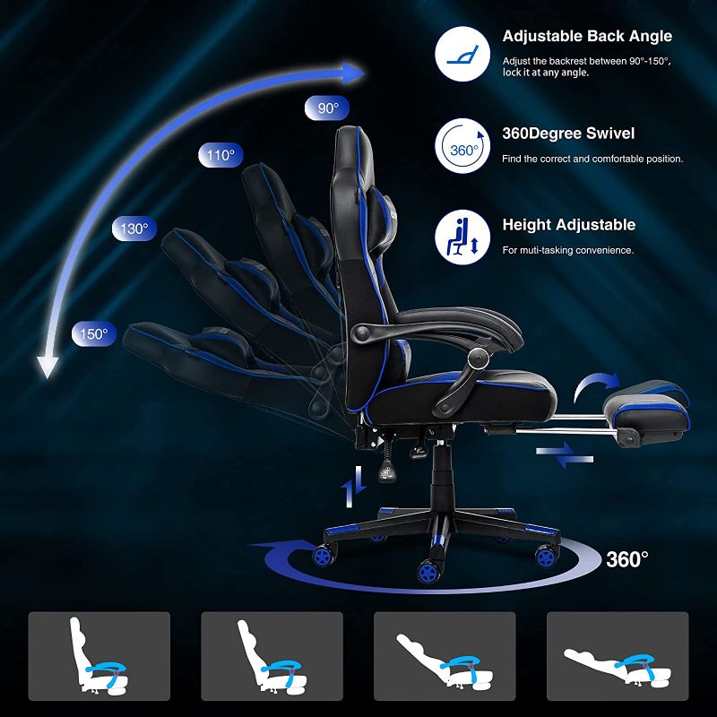 Photo 3 of ELECWISH Ergonomic Computer Gaming Chair, PU Leather High Back Office Racing Chairs with Widen Thicken Seat and Retractable Footrest and Lumbar Support, Large, Blue
