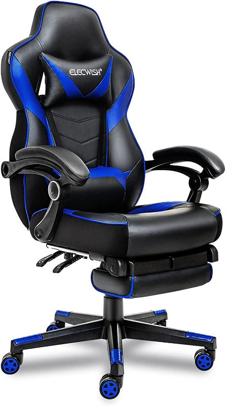 Photo 1 of ELECWISH Ergonomic Computer Gaming Chair, PU Leather High Back Office Racing Chairs with Widen Thicken Seat and Retractable Footrest and Lumbar Support, Large, Blue
