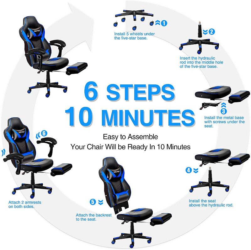 Photo 2 of ELECWISH Ergonomic Computer Gaming Chair, PU Leather High Back Office Racing Chairs with Widen Thicken Seat and Retractable Footrest and Lumbar Support, Large, Blue
