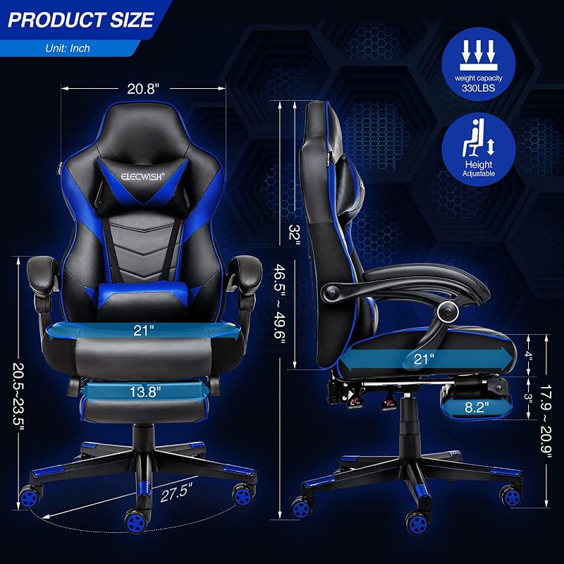 Photo 4 of ELECWISH Ergonomic Computer Gaming Chair, PU Leather High Back Office Racing Chairs with Widen Thicken Seat and Retractable Footrest and Lumbar Support, Large, Blue
