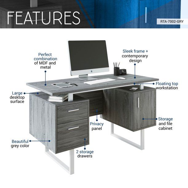 Photo 2 of Techni Mobili 52 in. Rectangular Gray/Chrome 2 Drawer Computer Desk with File Storage
