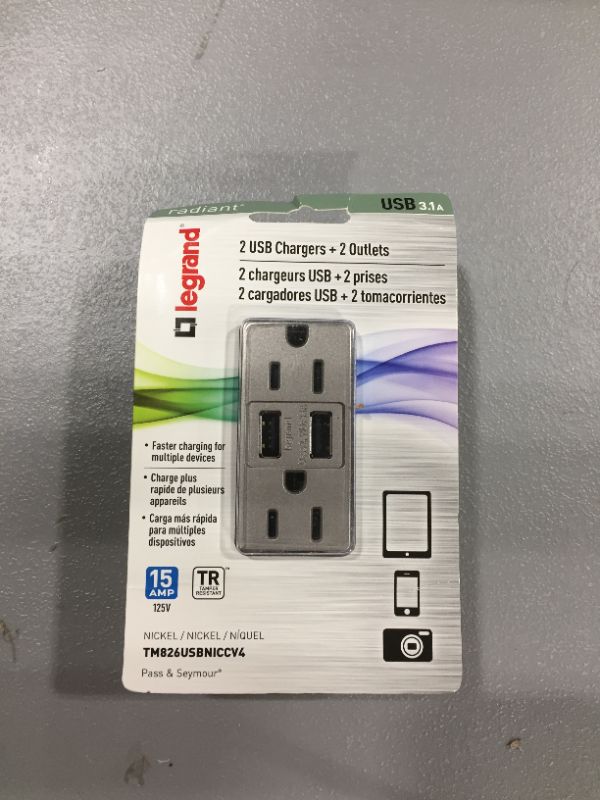 Photo 1 of Legrand radiant 15-Amp Tamper Resistant Residential Decorator Usb Outlet, Nickel
