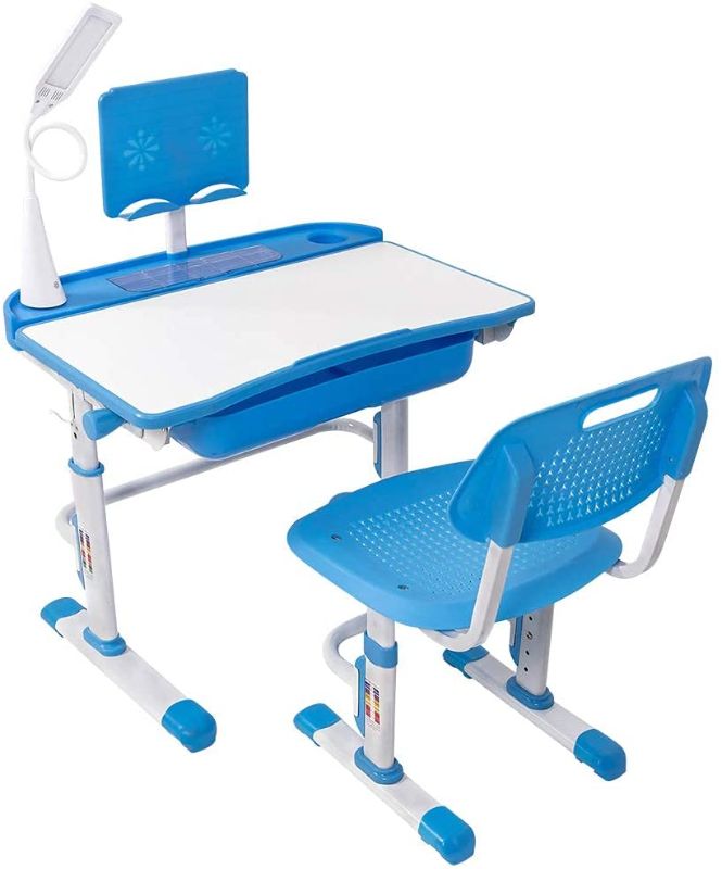 Photo 1 of Cantonape Kids Desk and Chair Set, Height Adjustable Children School Study Desk with Tilt Desktop, Bookstand, LED Lamp, Metal Hook and Storage Drawer for Boys Girls, (Blue)
