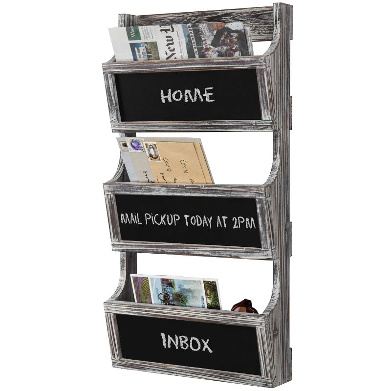 Photo 1 of MyGift 3-Slot Torched Wood Wall Mounted Magazine Rack & Mail Sorter with Chalkboard Labels