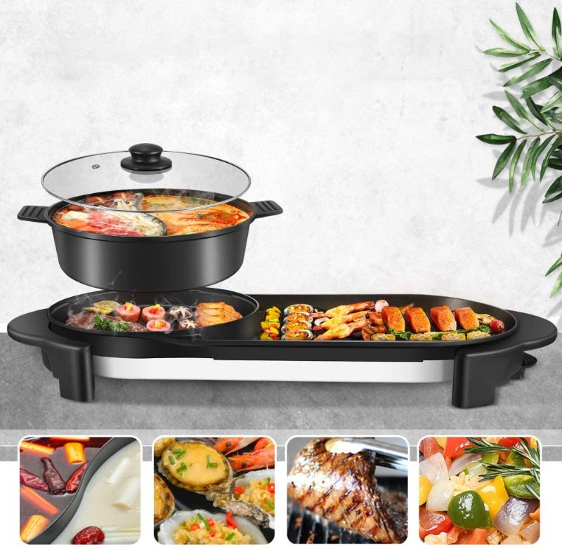 Photo 1 of ETE ETMATE Portable Electric Grill, Removable Electric Indoor Grill Hot Pot, Electric Barbecue Grill Indoor Hot Pot Chafing Dish, Large Capacity Household Multifunctional Non-Stick Pan Electric Cooker with 5 Temperature Adjustments