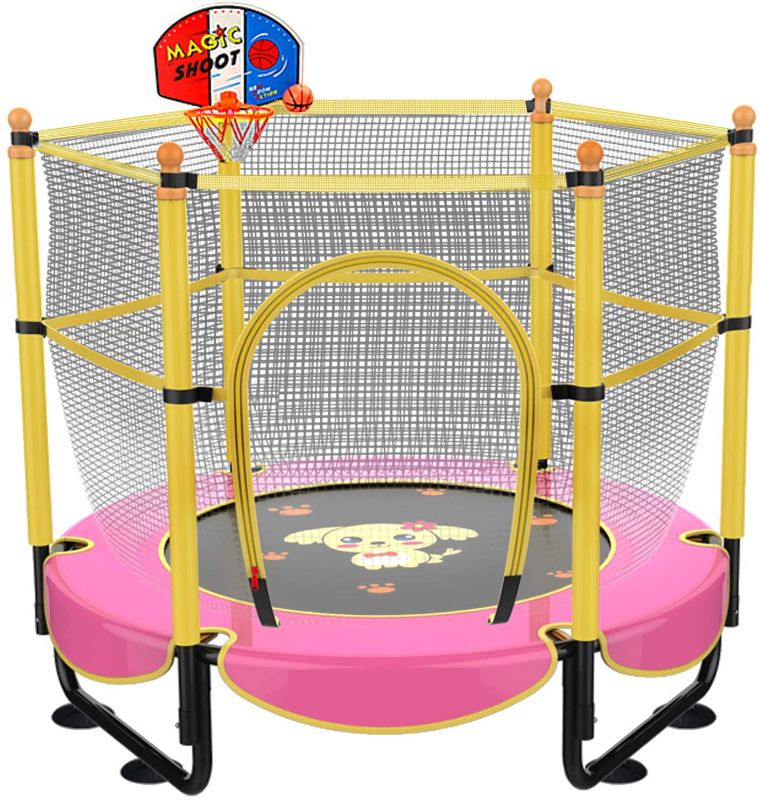 Photo 1 of 60" Trampoline for Kids,Mini Toddler Trampoline with Enclosure 5ft Indoor Outdoor Recreational Trampolines with Basketball Hoop, Birthday Gifts for Kids Baby Toddlers Age 2-5