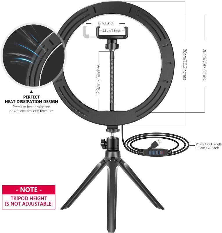 Photo 1 of 10-inch USB LED Ring Light with Tripod Stand, 3 Light Modes/10 Brightness Level for YouTube Tiktok Video Makeup Selfie Live Streaming Photography, Flexible Phone Holder, 2 PACK