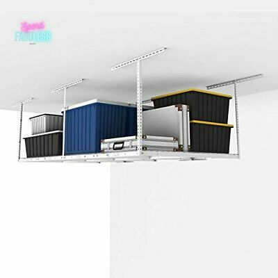 Photo 1 of FLEXIMOUNTS 4x8 Heavy Duty Overhead Garage Adjustable Ceiling Storage Rack, 96" Length x 48" Width x (22''-40" Ceiling Dropdown), White
