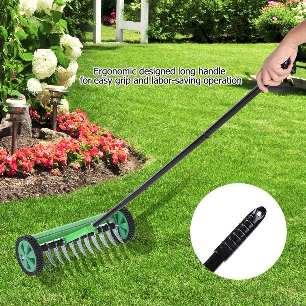 Photo 1 of 17.32in Push Aerator, 44in Handle Spike Aerator Roller,Green Lawn Aerator Gardening Tool w/Tine Spikes, Lawn Aeration Machine for Garden Yard Cropland Loose Soil