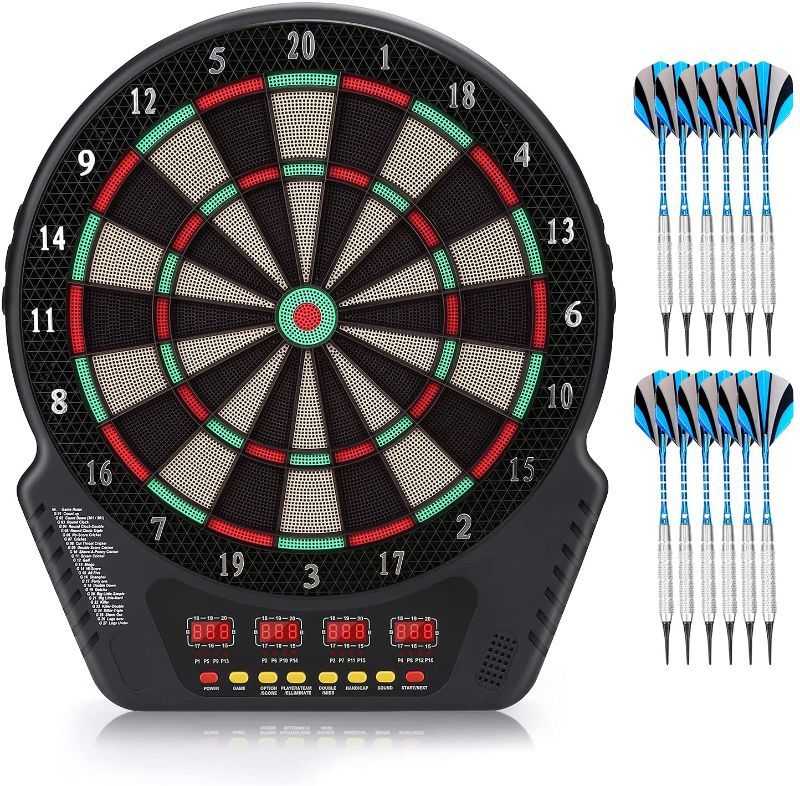 Photo 1 of Biange Electronic Dart Board, Digital Soft Tip Dart Boards, Dartboard Set 13.5” Target Area, 27 Games and 243 Variants with 12PCS 18g Darts, 4 LED Displays, 100 Tips, Flights, Support 16 Players