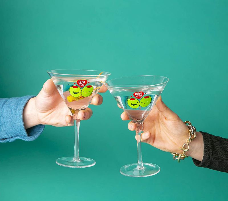 Photo 2 of BigMouth Inc. Olive Martini Set – Set of 2 – Each Glass Holds 8 oz, First Glass Reads “Olive You”, Second Glass Reads “Olive Me Too” - Makes a Great Gift, Made of Glass, Clear, BMCG-0005
