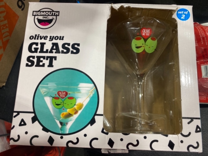 Photo 3 of BigMouth Inc. Olive Martini Set – Set of 2 – Each Glass Holds 8 oz, First Glass Reads “Olive You”, Second Glass Reads “Olive Me Too” - Makes a Great Gift, Made of Glass, Clear, BMCG-0005
