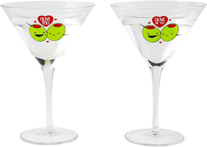 Photo 1 of BigMouth Inc. Olive Martini Set – Set of 2 – Each Glass Holds 8 oz, First Glass Reads “Olive You”, Second Glass Reads “Olive Me Too” - Makes a Great Gift, Made of Glass, Clear, BMCG-0005
