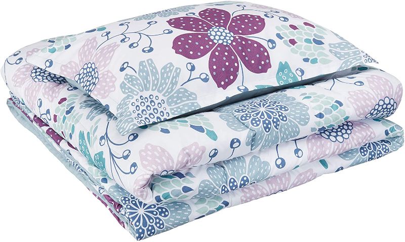 Photo 2 of Amazon Basics Kid's Comforter Set - Soft, Easy-Wash Microfiber - Twin, Purple Flowers
