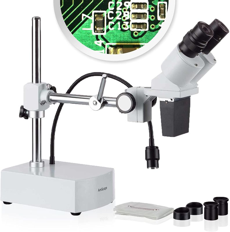 Photo 1 of AmScope SE400-Z Professional Binocular Stereo Microscope, WF10x and WF20x Eyepieces, 10X and 20X Magnification, 1X Objective, LED Lighting, Boom-Arm Stand, 110V-120V
