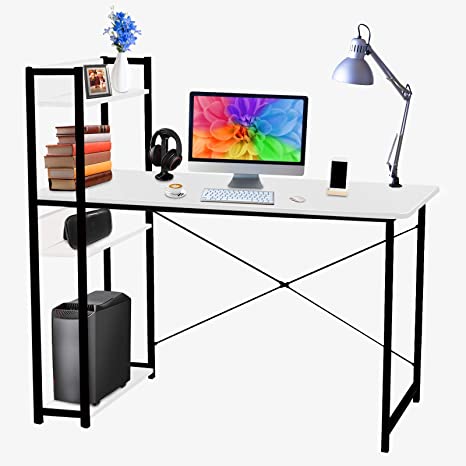 Photo 1 of Levoni Computer Home Office Desk 47 inch Writing Study Table with Storage Shelves Study Writing Table with Bookshelves White
