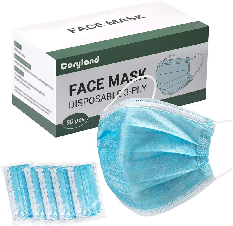 Photo 1 of 50Pcs Face Mask Disposable 3 Ply Safety Facial Mask with Elastic Earloop Mouth Nose Cover Soft Skin Layer (2 cases)
