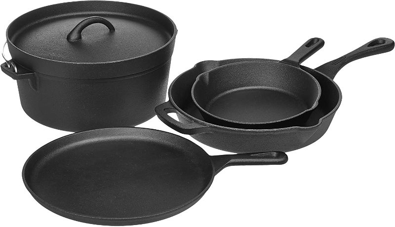 Photo 1 of Amazon Basics Pre-Seasoned Cast Iron 5-Piece Kitchen Cookware Set, Pots and Pans