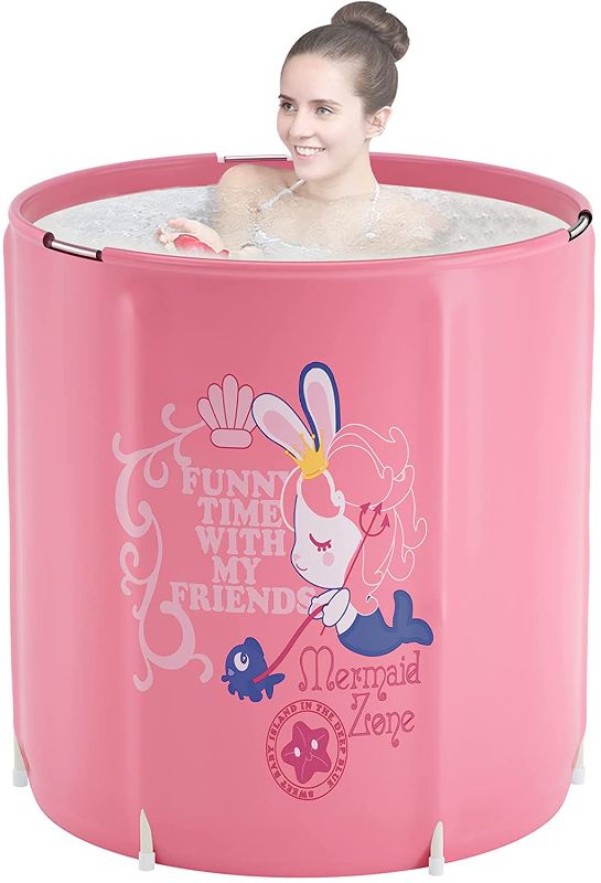 Photo 1 of Portable Bathtub, Japanese Soaking Bath Tub for Shower Stall, DAILYLIFE Foldable Bathtub with Thermal Foam, Freestanding, Folding & Soaking Spa Bath Tub for Small Spaces, Mermaid Pink