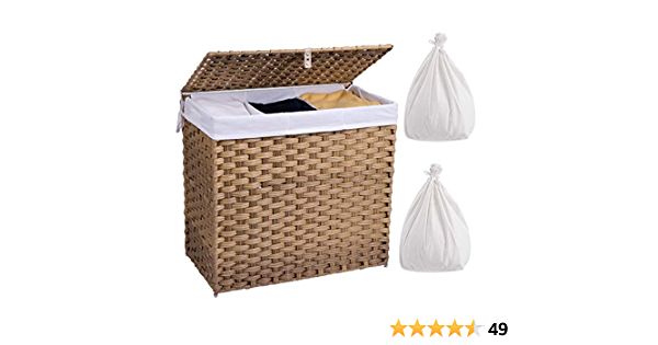 Photo 1 of Crehomfy Laundry Hamper with Lid and 2 Liner Bag, Synthetic Rattan Wicker Handwoven Laundry Basket with Handle, Foldable Dirty Clothes Hamper, Laundry Sorter for Laundry Room, Natural (3 Section 130L)