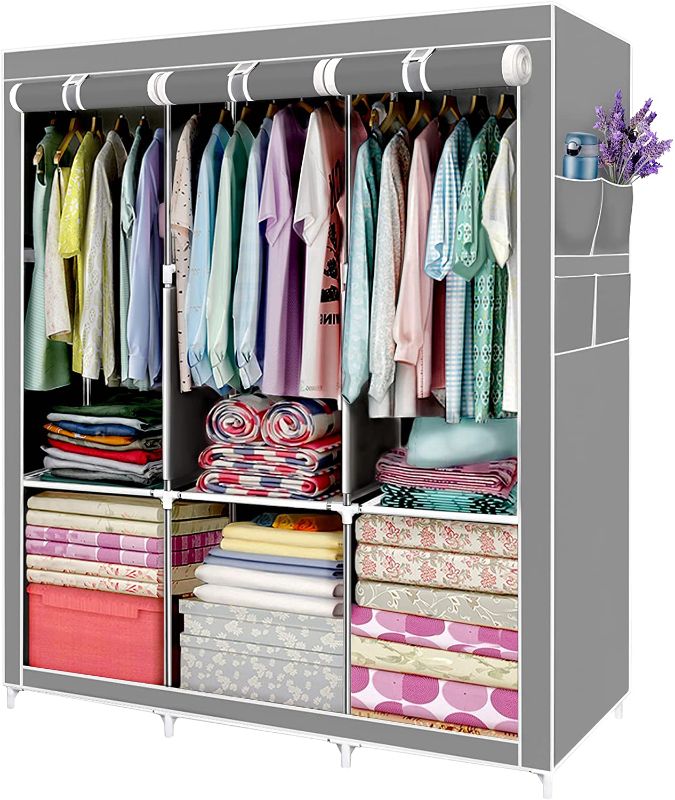 Photo 1 of FUNFLOWERS Portable Wardrobe Closet, Clothes Storage Organizer Shelves with 3 Hanging Rods, Oxford Cloth Fabric Cover with 8 Side Pockets, 50" L x 18" D x 63" H, Grey
